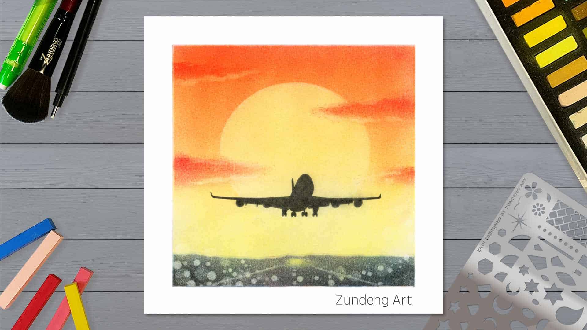 155 Sunset and Airplane – Pastel Nagomi Art